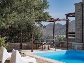 The outdoor pool area to enjoy as dusk falls.