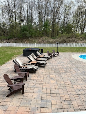 New Adirondack & lounge chairs, tables, firepit by inground heated pool/hot tub