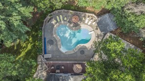 Ariel view of pool area, deck and seating 
