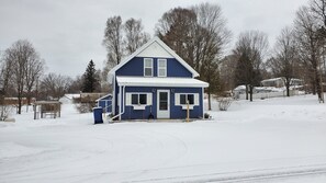 Winter view of front of house.