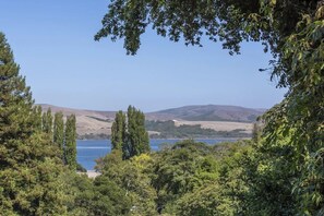 View of Tomales Bay and West Marin hills from deck