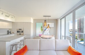Our cozy living room, where you can watch a good movie after a day at the beach!