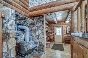 Front entryway and wood stove