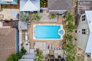 Arial view of pool and patio area