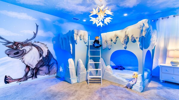 Frozen-themed kids' room with icy bunk beds and magical decor!