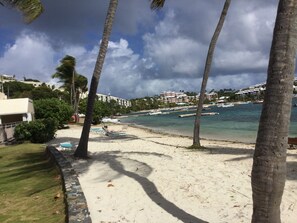 Condition of the beach. It is rocky, the other side of the bay is sandy.