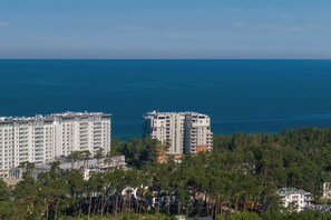 Stunning view of the city's seaside panorama, with skyscrapers surrounded by greenery and the sea stretching to the horizon.