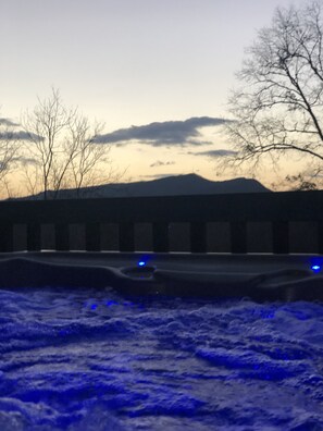 Pigeon Forge Chalet "Majestic Poolside Lookout" - Hot Tub at Dusk