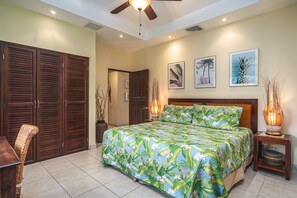 The primary bedroom has a beautiful king bed, lux linens, central AC and ensuite