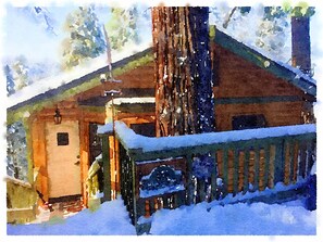Watercolor of the front of the cabin after a snowstorm. 