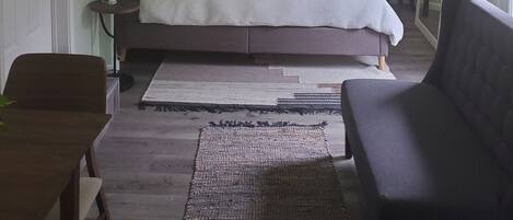Queen size bed, small loveseat, beautiful beams, new window shutters