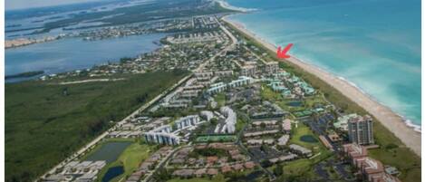 Ariel photo of Ocean Village arrow points to seascape I bldg 4100.  See triangle