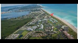 Ariel photo of Ocean Village arrow points to seascape I bldg 4100.  See triangle