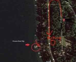 parking spot across street and walk down hill to dock.