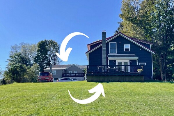 View from creek: "Back Cottage" is darker one & "Front Cottage" is in background