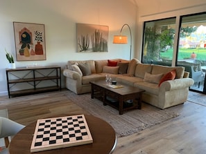 Cozy family room with sliding doors to patio.