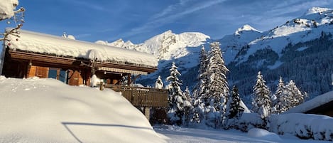 Chalet traditionnel, grand espace enneigé autour, vue chaine Arvais, Expo Sud.