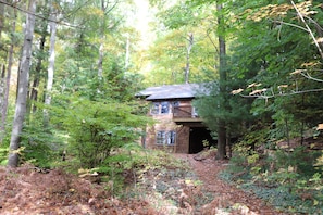 The house is set back in the woods. This is looking from the lake.