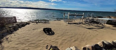 Beach, dock and fire pit