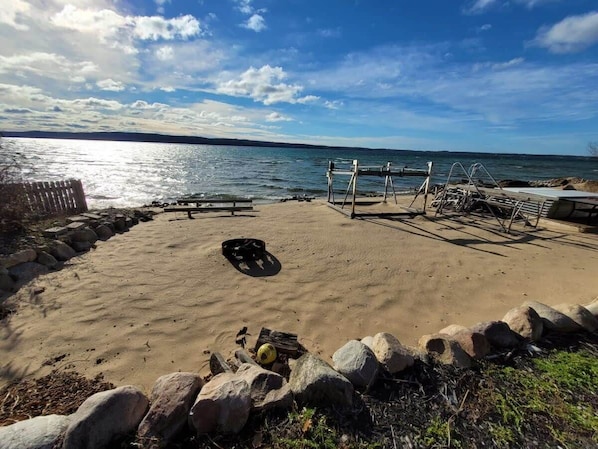 Beach, dock and fire pit