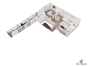 Upstairs 3D view.  Upstairs Master bedroom and bath are not part of home rental and are not shown