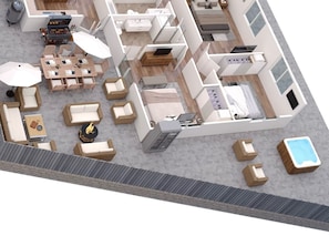 3D patio layout.  Access from bedroom #3, from kitchen, and around either side of house.