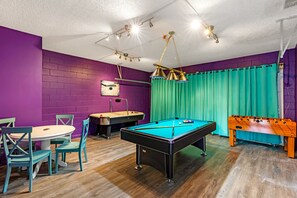 Air conditioned game room, pool, TV air hockey, arcade machine