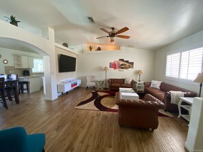 All new furnishings, electric fireplace, 70” smart TV, Cable Wireless Internet