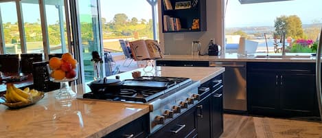 Kitchen island, note cafe window that opens over the sink to the patio