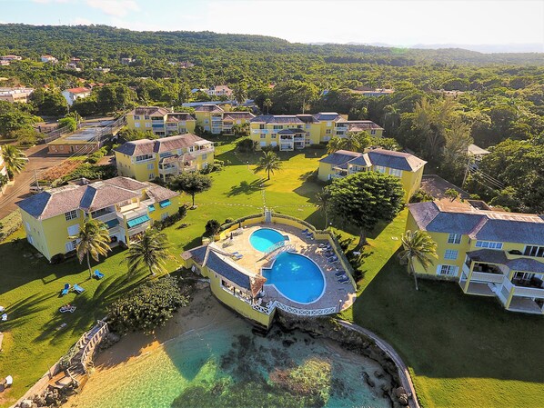 Aerial view of the beautiful Sea Palms Condos in Tower Isle