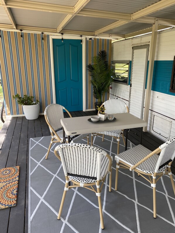 Relax on the pretty deck.