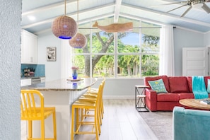 The open floorplan and vaulted ceilings make the living area feel bigger 