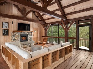 Outdoor living room with sauna