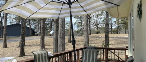 Back patio with dining table overlooking large backyard with seasonal lake view