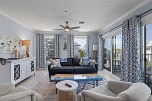 Spacious living room with views