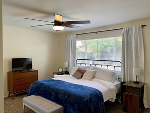 Master Bedroom:
- King bed
- Dresser 
- 32” Smart TV
- Attached bathroom