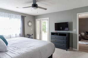 Master bedroom-king bed, TV, USB lamps with dual charging ports, patio access.