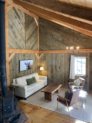 Living area with wood stove. 