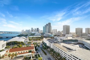 Furnished balcony with water views of Biscayne Bay, Miami skyline