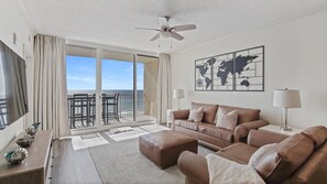 Extra large balcony extends from living room to master bedroom