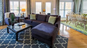 Cozy living room with sleeper sofa.