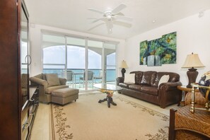 Beautifully decorated living area with ocean views