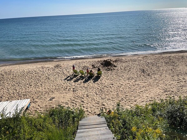 Shallow, swimmable lake.  Miles of walkable sandy beach.