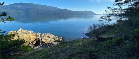 Waterfront adventures.  Follow our winding trail down through five private acres to a private sandy beach and rock outcrop.  