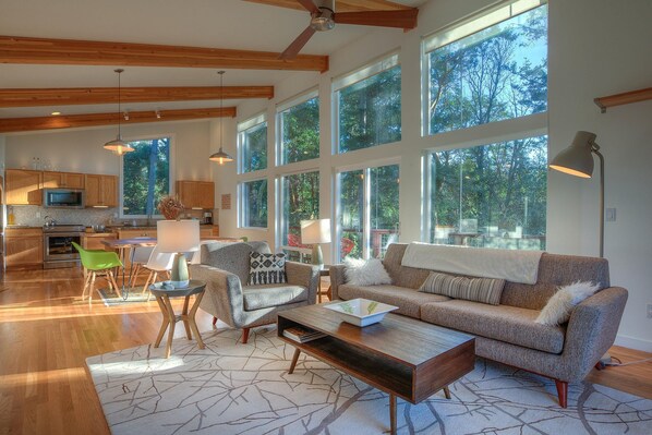 Sunlit open living room and common area