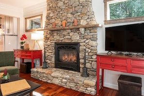 Cozy up to the warmth of the gas fireplace