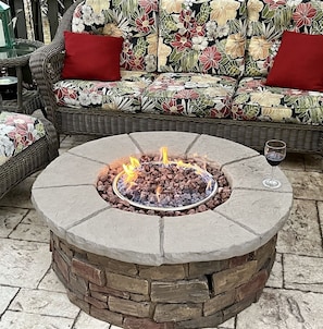 FirePit table on backyard patio