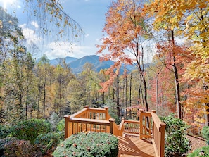 View from the walkout deck with staircase taking you down to the firepit.