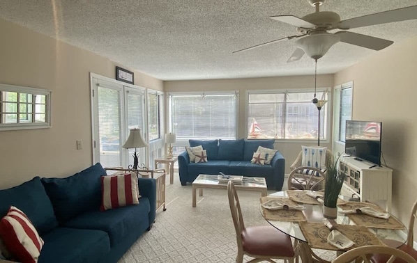 A cozy living and dining area