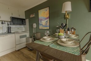 The comfortable eating area accommodates four people.